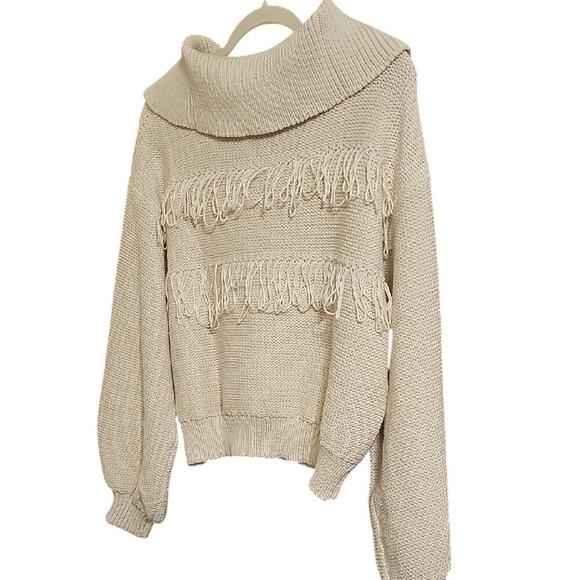POL Boho Fringe Cream Three Button Collared Sweater with Fringe Detailing -Med - Picture 2 of 7